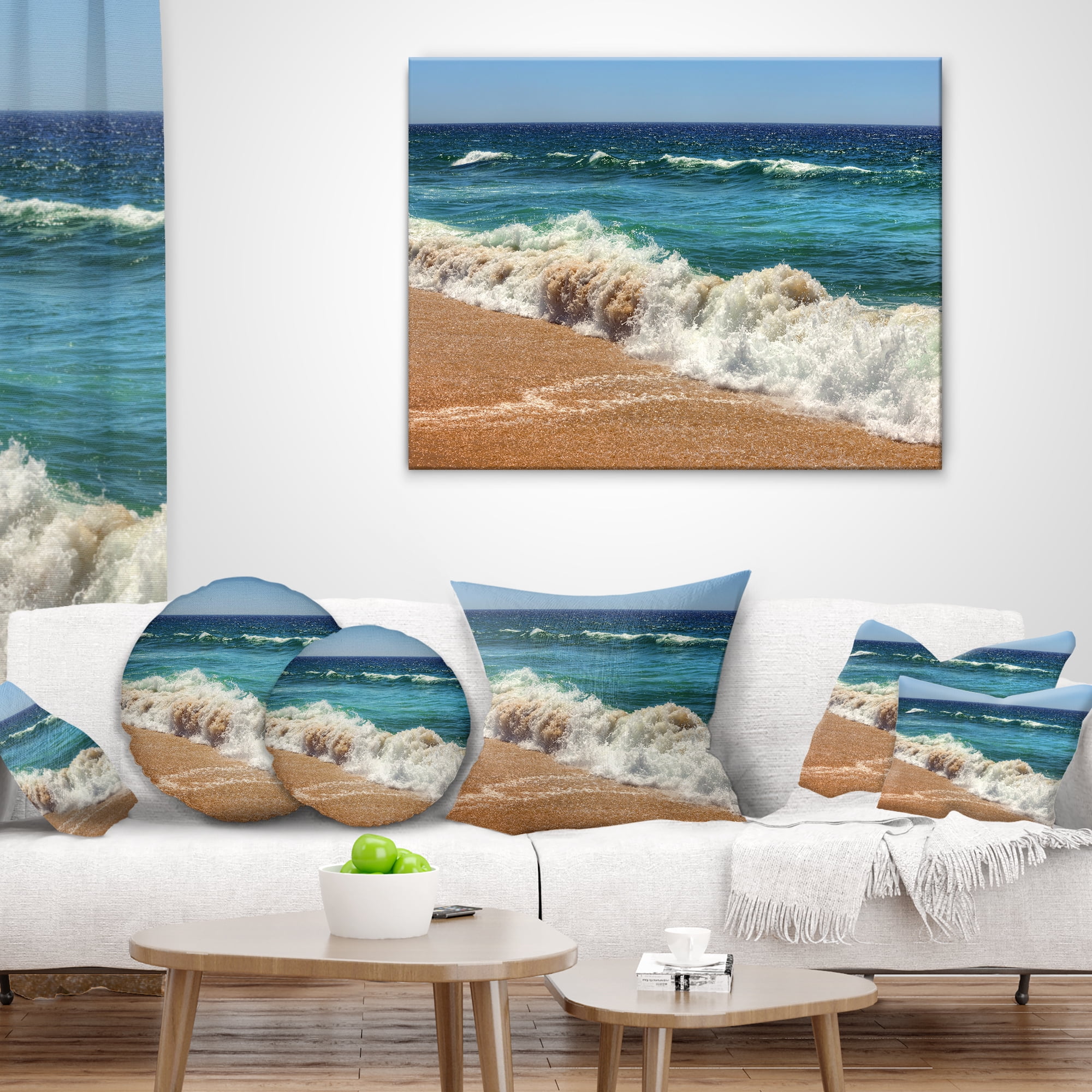 Designart Atlantic Beach with Foaming Waves - Seascape Throw Pillow - 12x20