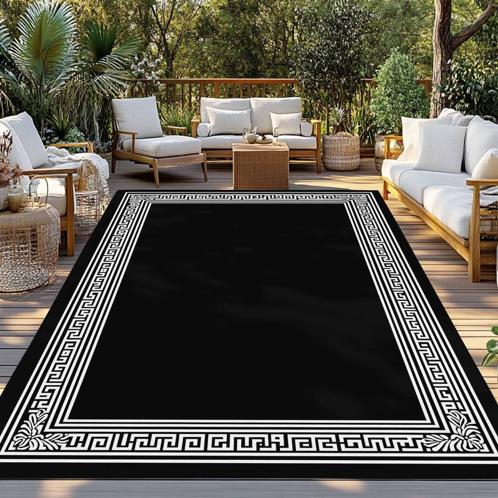 Outdoor Rug 6x9 ft Black White Greek Key Pattern Waterproof Outdoor Patio Rug Mat Non Slip Outside Area Rugs Carpet for RV,Camping,Porch,Deck,Pool,Balconybackyard,Geometric Modern