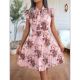 thumbnail image 5 of Vestido Plisado Floral Hasta la Rodilla para Mujer, para Vacaciones, Cuello Redondo, Sin Mangas, Cintura Alta, Ajustado, Rosa, Talla S, 5 of 9