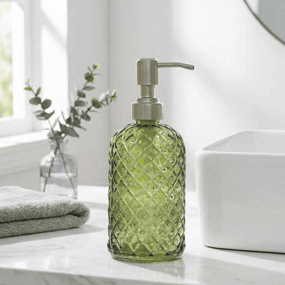 Glass Soap Dispenser 13.5 Oz for Bathroom Kitchen, Hand Soap/Lotion Dispenser with Plastic Pump