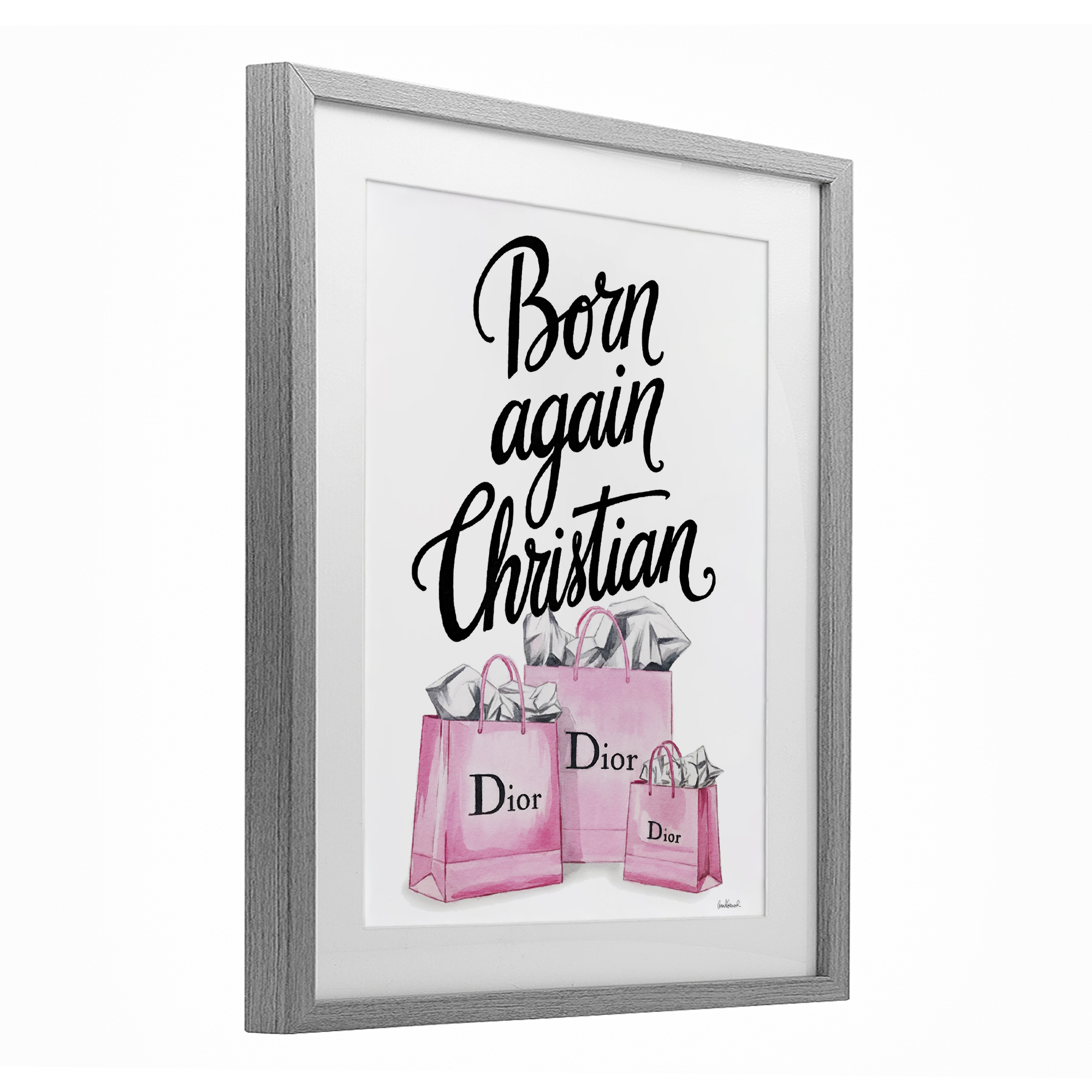Pink Bags Born Again Christian Gray Framed Print Under Glass, design by Amanda Greenwood
