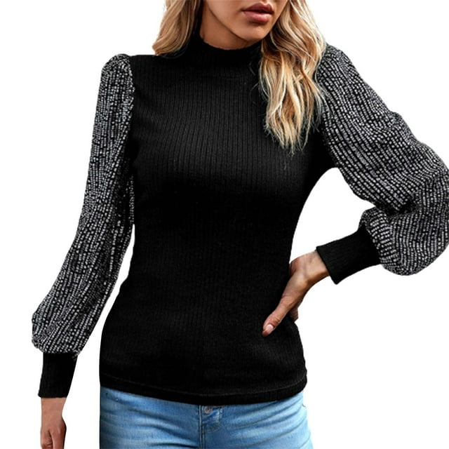 AherBiu Hauts à Sequins pour Femmes Manches Longues Côtelés Tricotés Col Haut Chic Blouse de Soirée Formelle