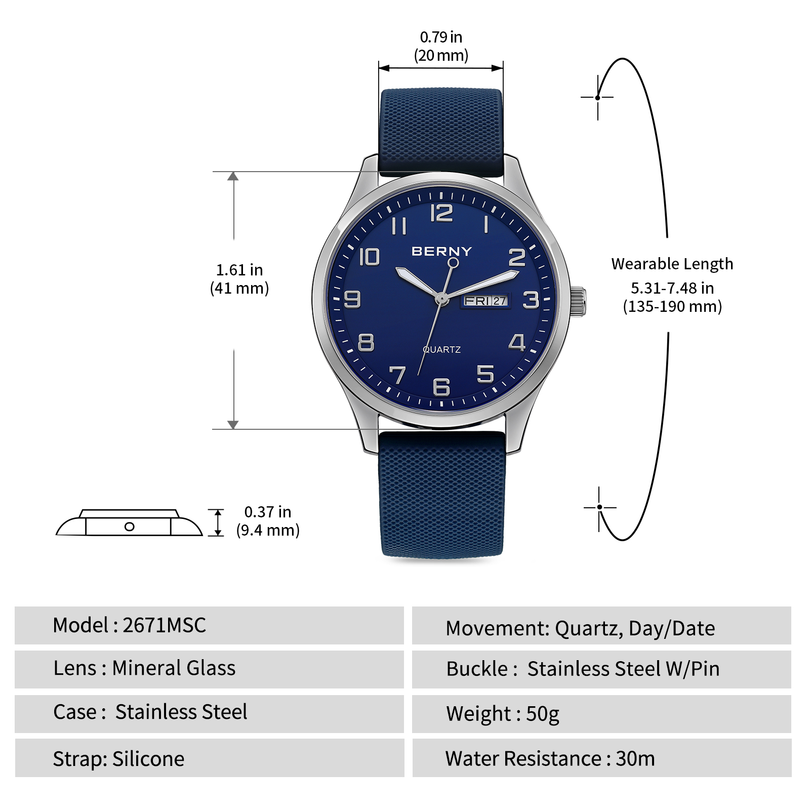 BERNY Modern Quartz Watch for Men Casual Easy Read Wristwatch with Arabic Numeral Watch Dial, Silicone Strap and Day & Date Calendar-Blue Dial