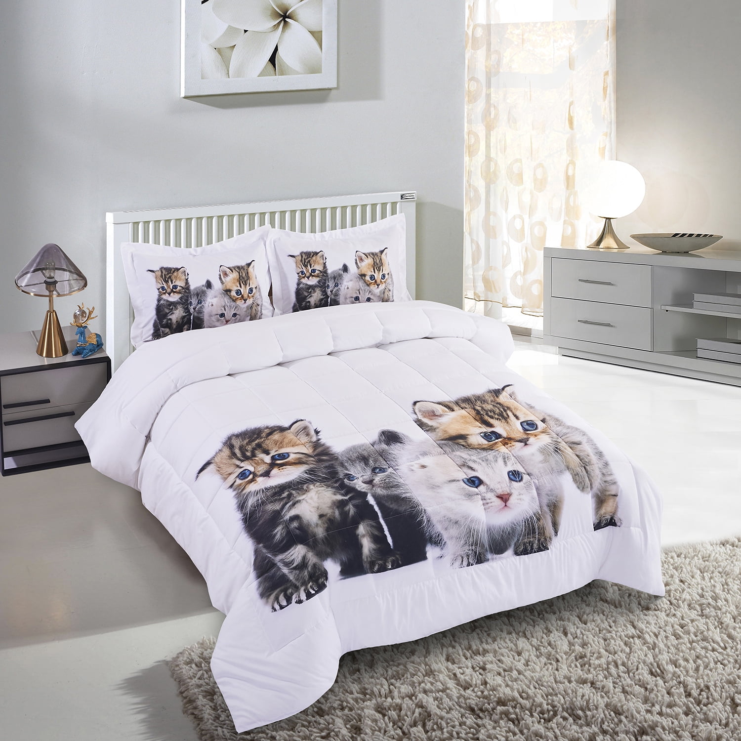 Bengal Cats in Basket Print Kitten Quilted Bedspread & Pillow Shams Set 