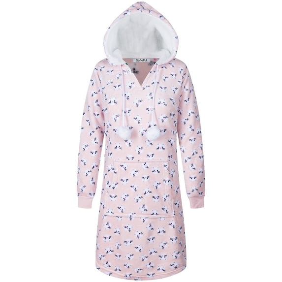 SofiePJ, Women's, Long Sleeve Fleece Printed Pull Over Hooded Sleepshirt with Pom poms, Pink White, S