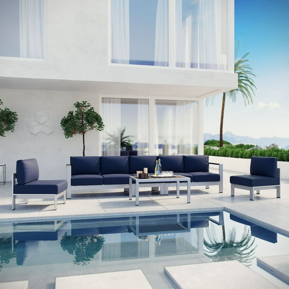 Modway Shore 6 Piece Outdoor Patio Aluminum Sectional Sofa Set in Silver Navy