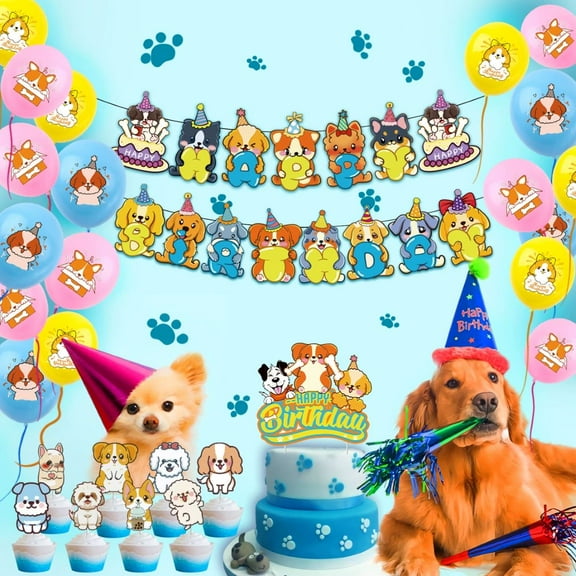 Dog birthday party supplies pet dog theme flag-raising balloon banner cake row decoration set