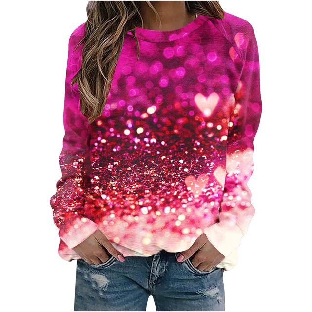 VALMASS Chandails en Molleton de la Saint-Valentin pour Femmes Manches Longues Imprimé Cœur Hauts Décontractés Col Rond Extérieur Blouses (TG, Rose Vif-B)