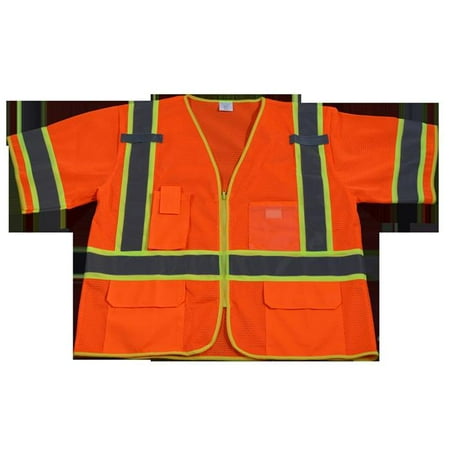 

petra roc ovm3-cb1-2x/3x safety vest ansi class 3 two tone orange mesh deluxe with lime contrast binding zipper closure 5 pockets/2 mic tab 2x/3x