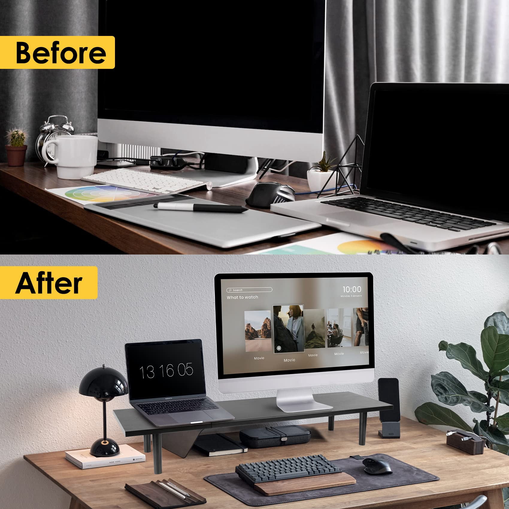 Dual-monitor-stand-riser-for-desk Adjustable Length 32-40 Inch Large Desktop Computer Monitor Riser For 2 Screens Desk Shelf Organizer Stand Computer/laptop/pc/printer/tv Black