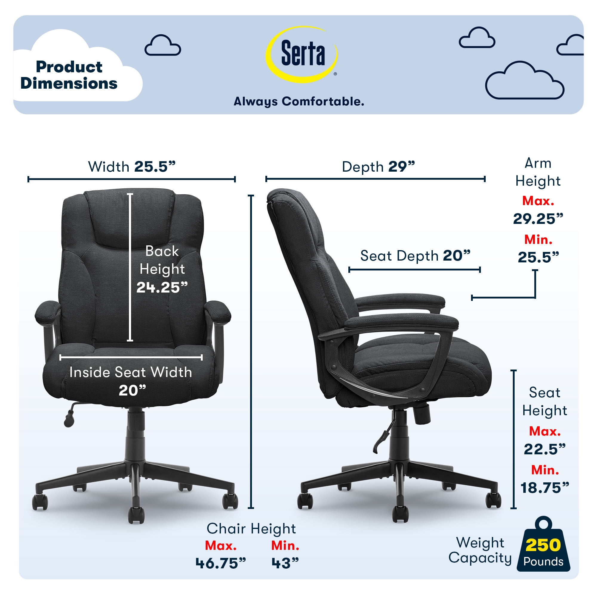 Serta Connor Executive Office Chair, Ergonomic Computer Chair with Layered Body Pillows, Contoured Lumbar, Adjustable Seat, Microfiber Fabric, Black