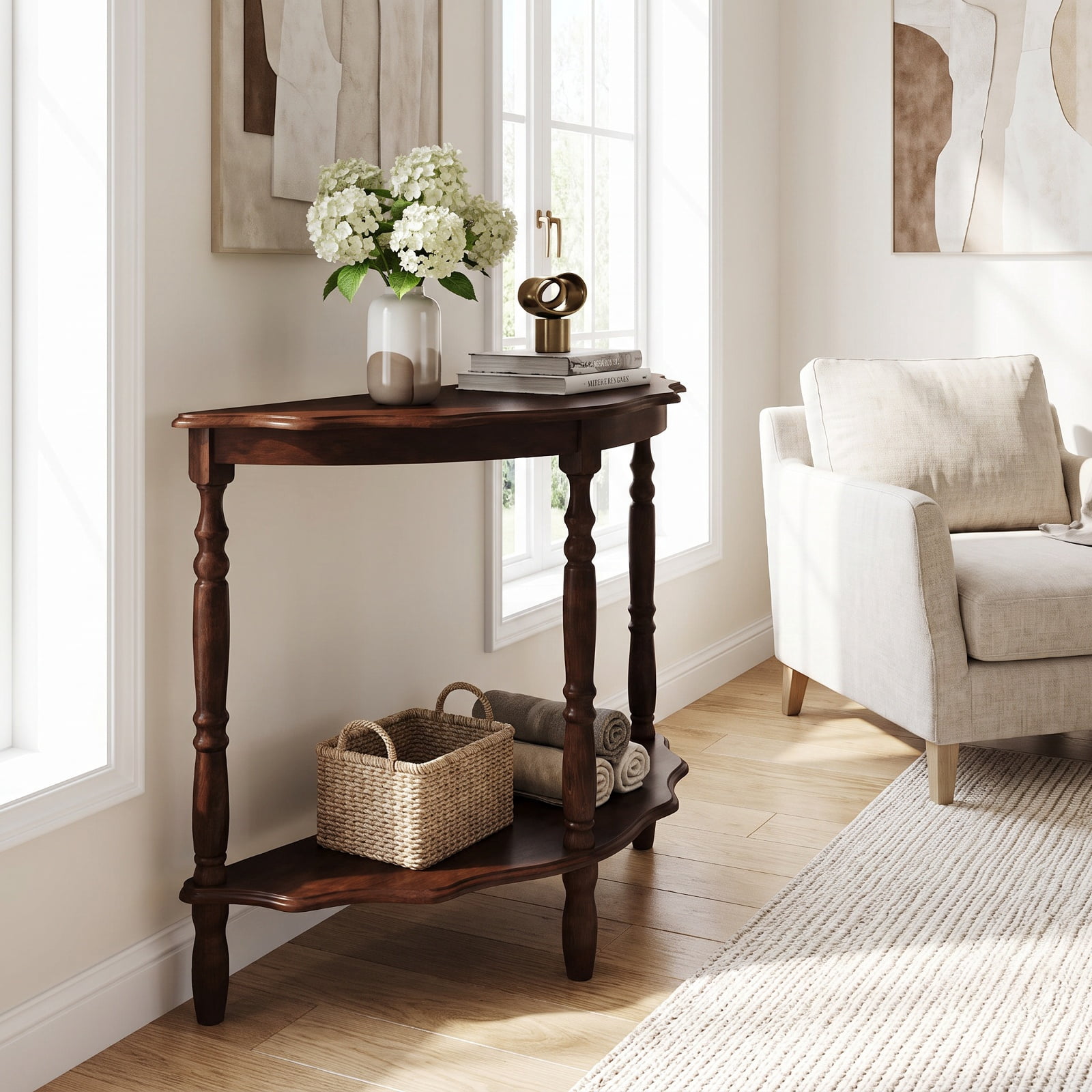 Furnibear 42 Inch Half Moon Console Table with Open Shelf and Solid Rubber Wood Legs for Entryway Hallway and Living Room, Espresso