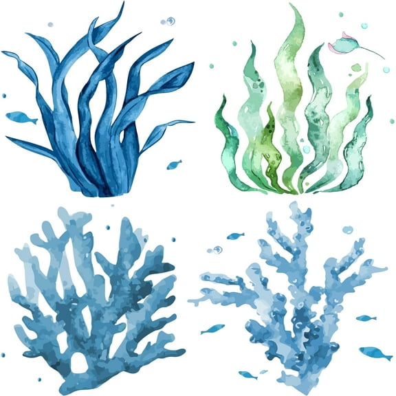 4Pcs Seaweed Window Decals 16cm Summer Window Clings Ocean Themed Stickers Watercolor Marine Animals Removable Waterproof Decals DIY for Summer Home Decorations Under The Sea Party Supplies