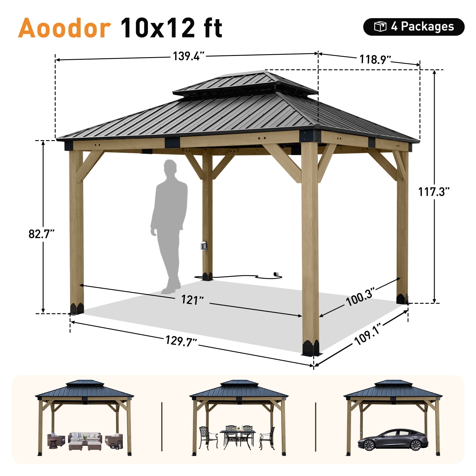 Aoodor 10 x 12 ft Wooden Frame Gazebo with 2-Tier Galvanized Metal Hardtop Roof, Outdoor Patio Gazebo with Charging Socket for Patio, Backyard, Deck, and Lawn