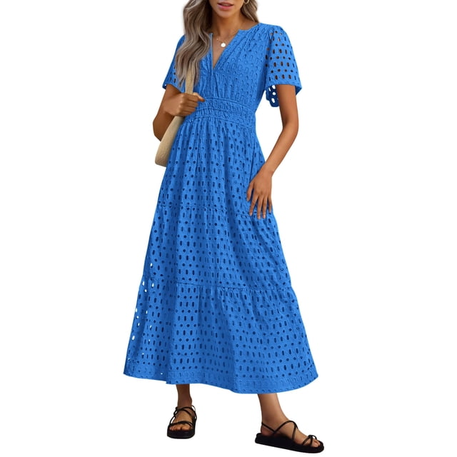 Vestido largo PRETTYGARDEN 2025, verano, cuello en V, ojales, azul