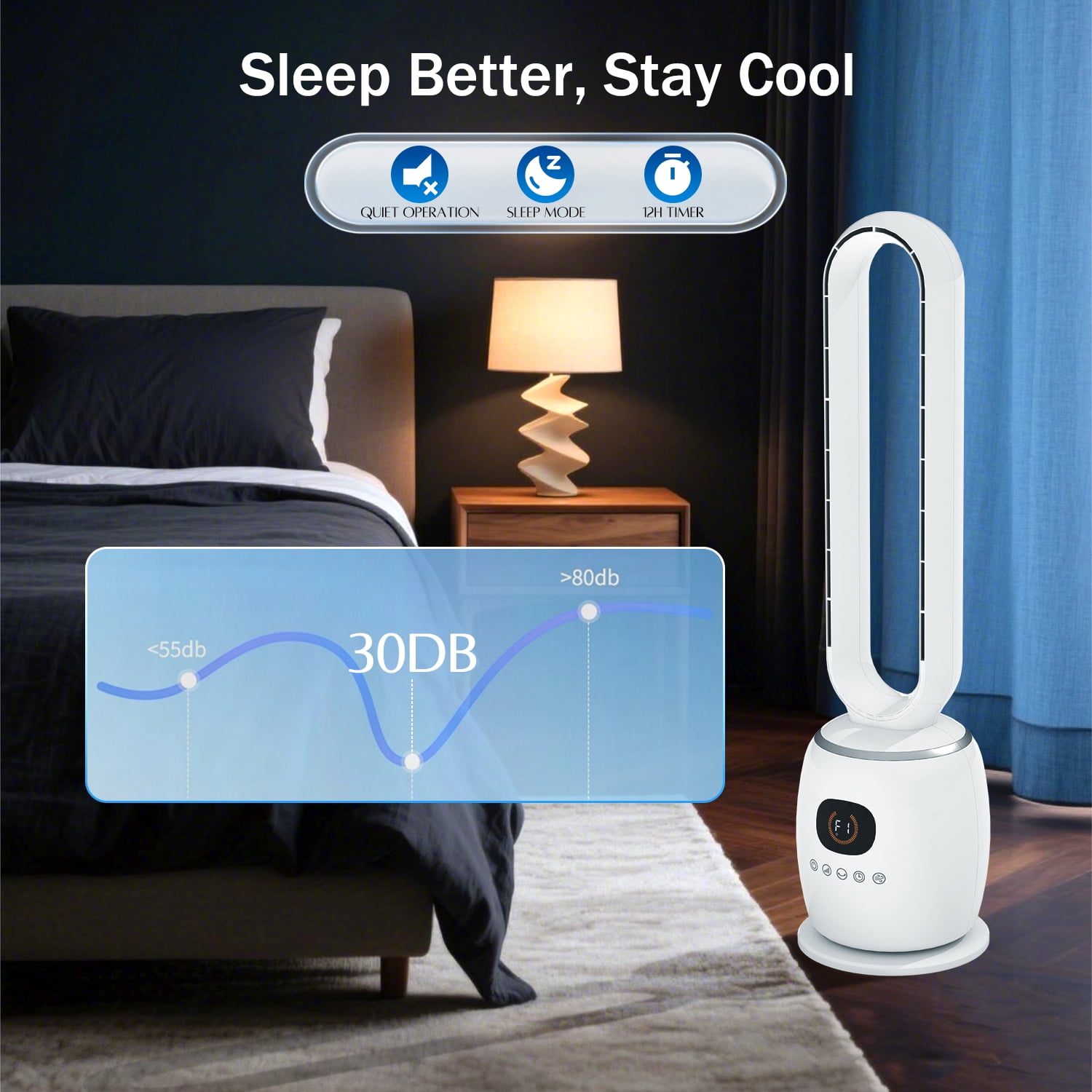 34in Bladeless Tower Fan with 60°Oscillating, 3 Speeds & 3 Modes Standing Floor Fan Equipped Remote Control, 12H Timer for Indoor Room Use