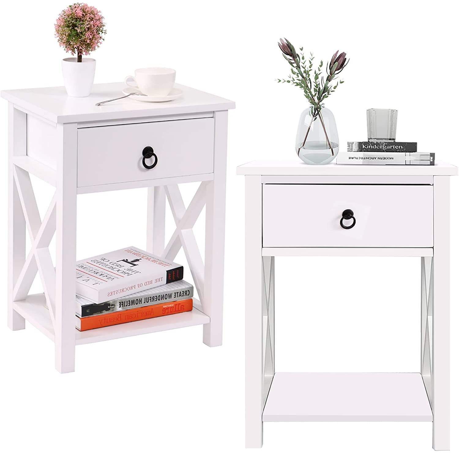 2-Pack Tall Nightstand Bedside Table Accent With Bin DrawerEngineered Wood 