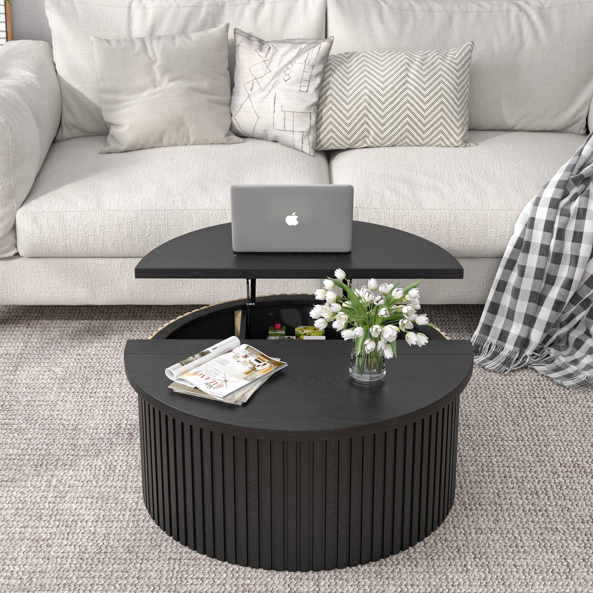 Round Lift Top Coffee Table with Storage Farmhouse Center Table with Hidden Compartment Circle Sofa Table for Living Room Black