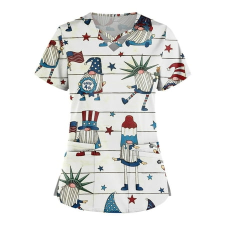 

QAZXD Womens Summer Independence Day Scrub Tops V-Neck Short Sleeve Graphic Prints Shirts Blouse Beige 3XL