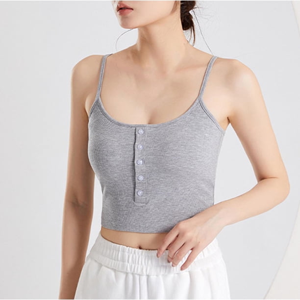 Puntoco Camisetas ajustadas para mujer Camiseta sin mangas con botones y cordón umbilical expuesto para mujer Camiseta sin mangas con cuello redondo y color liso