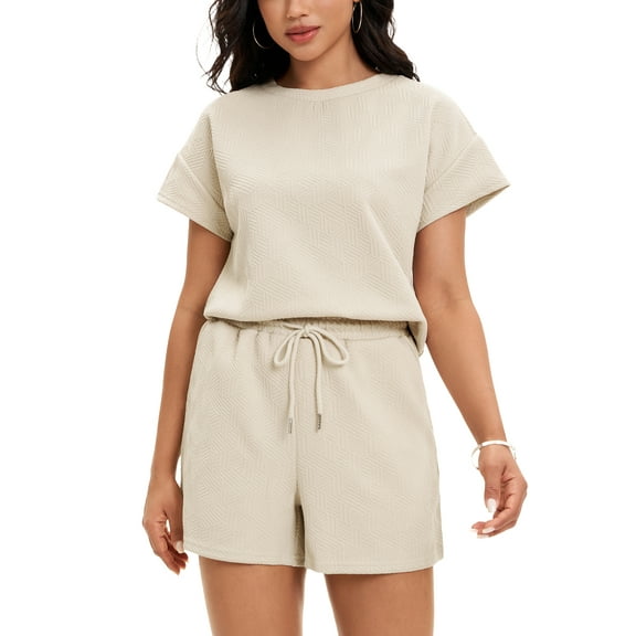ATHLECHIC Women's Summer 2 Piece Short Sleeve Tops Shorts Pants Lounge Sets M Khaki