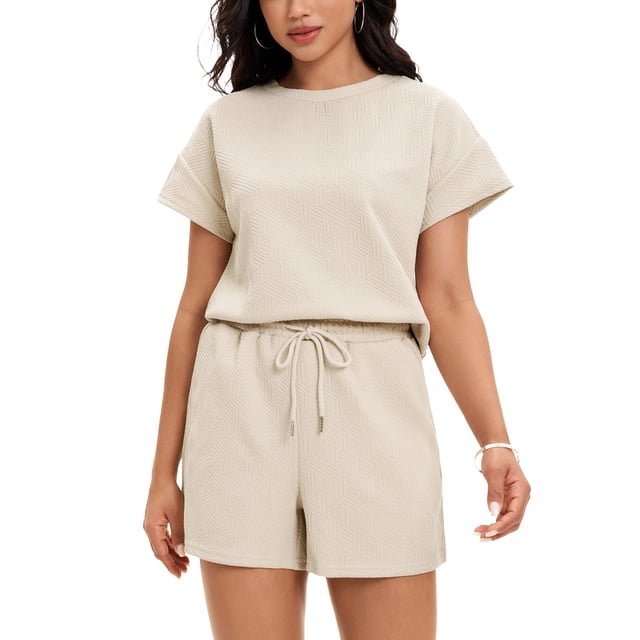Conjunto de verano de 2 piezas para mujer ATHLECHIC, con camiseta de manga corta y pantalones cortos, talla XL, color caqui