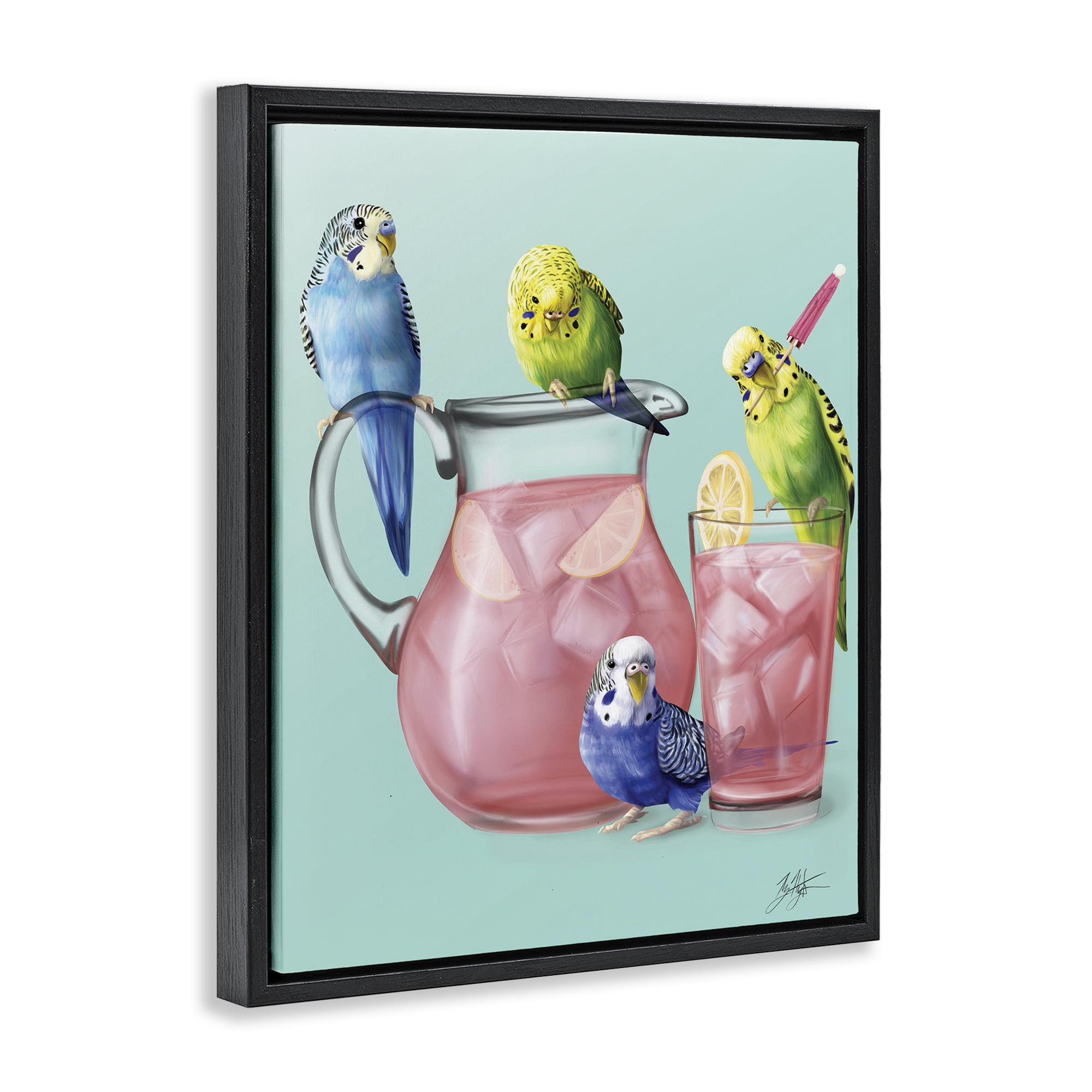 Stupell Industries Budgies & Pink Lemonade Food & Beverage Painting Black Floater Framed Canvas Art Print Wall Art, 17 x 21