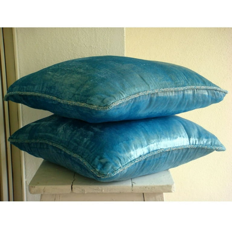 Throw Pillow Covers, Aqua Blue Accent Pillows, Velvet Beaded Cord