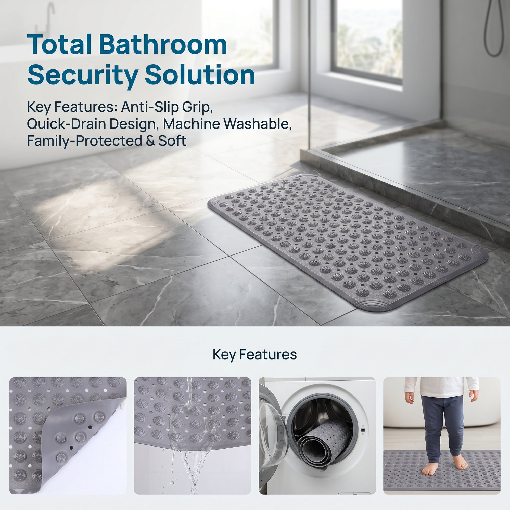 Unique Bargains Non Slip Quick Dry Machine Washable Bath Tub Mat Grey 28" x 14"