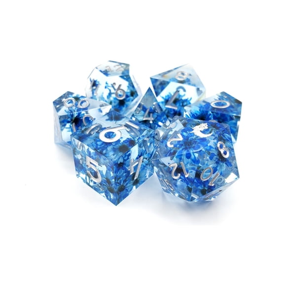 Old School Dice & Accessories Poly Set Blue Flower w/Silver (7) New