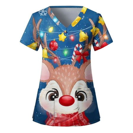 

TAIAOJING Scrub Tops for Women Ladies Casual Christmas Print Short Sleeve Pocket Loose Caring Workwear Wokwear T-Shirt