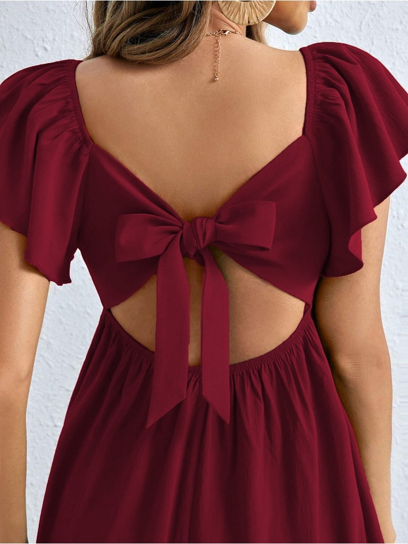 sweetheart neckline backless tie front mini dress Women Solid Pink Dobby Weave Sweetheart Neck Backless Tie-Up Flounce Hem  Pleated A-Line Midi Dress