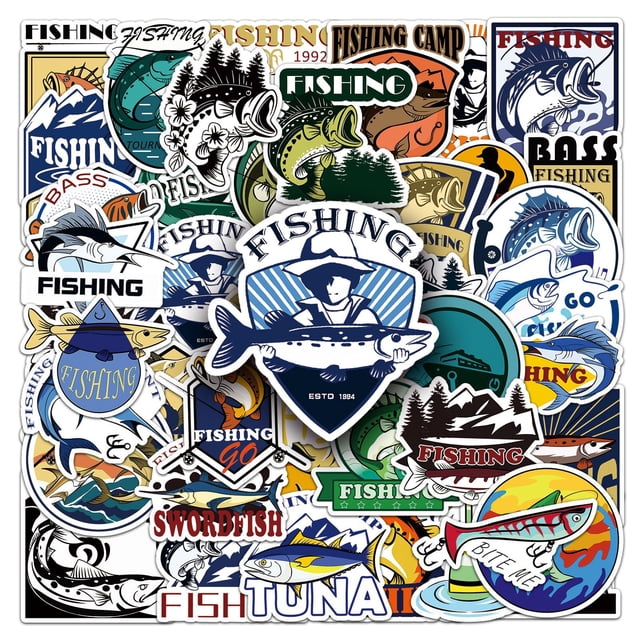 Paquete de pegatinas con temática de pesca, 100 unidades, dibujos animados, lubina y atún