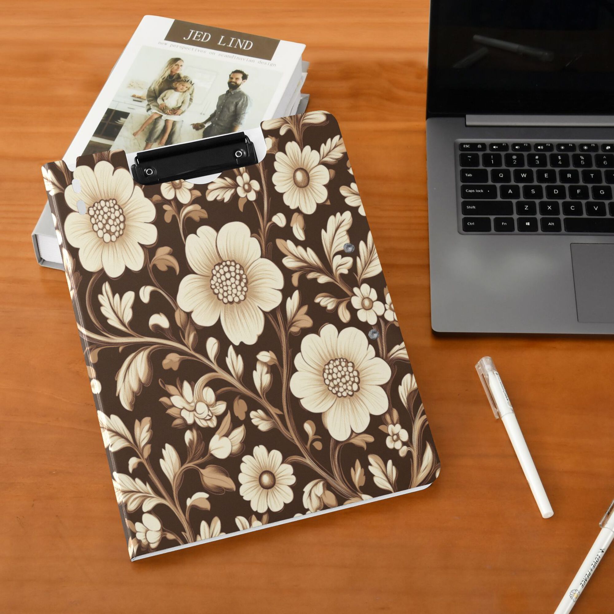 FORMRS A4 Clipboard Folder with Pen Holder Horizontal Foldable School Office Binder, Brown Floral