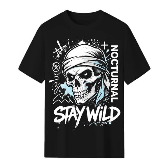 Men Noctilucent Stay Wild Nocturnal Skull Glow In Dark Graphic T-Shirt Vintage Graffiti Streetwear Tee, Cool Punk Skull Print Casual Cotton Shirt, Trendy Hip Hop Gothic Outfit Daily Wear Top