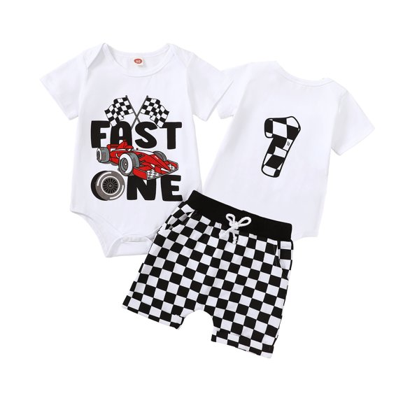 Aojekbee 2-Piece Baby Boys Set Race Car Print Short Sleeve Round Neck Romper Plaid Print Contrast Color Shorts Outfits