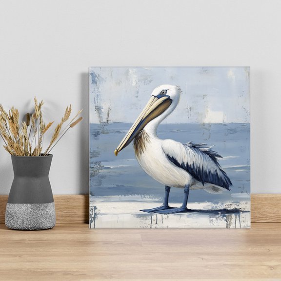 Seaside Pelican Wall Art Painting on Canvas, Blue Rustic Art Ocean Birds Canvas Art Home Prints Wall Art Framed Modern Artwork for Living Room Bedroom Wall Decor 12x12in