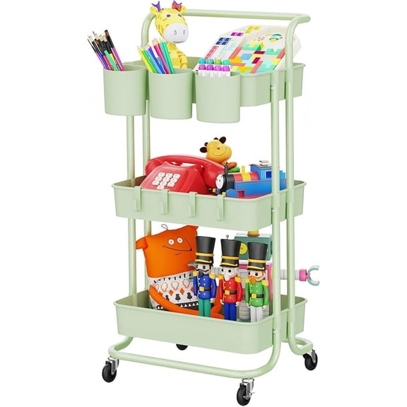 3-Tier Rolling Mobile Utility Cart with Hanging Cups & Hooks & Handle Multifunctional Organizer Storage Trolley Service Cart with Wheels Easy Assembly for Office, Bathroom, Kitchen