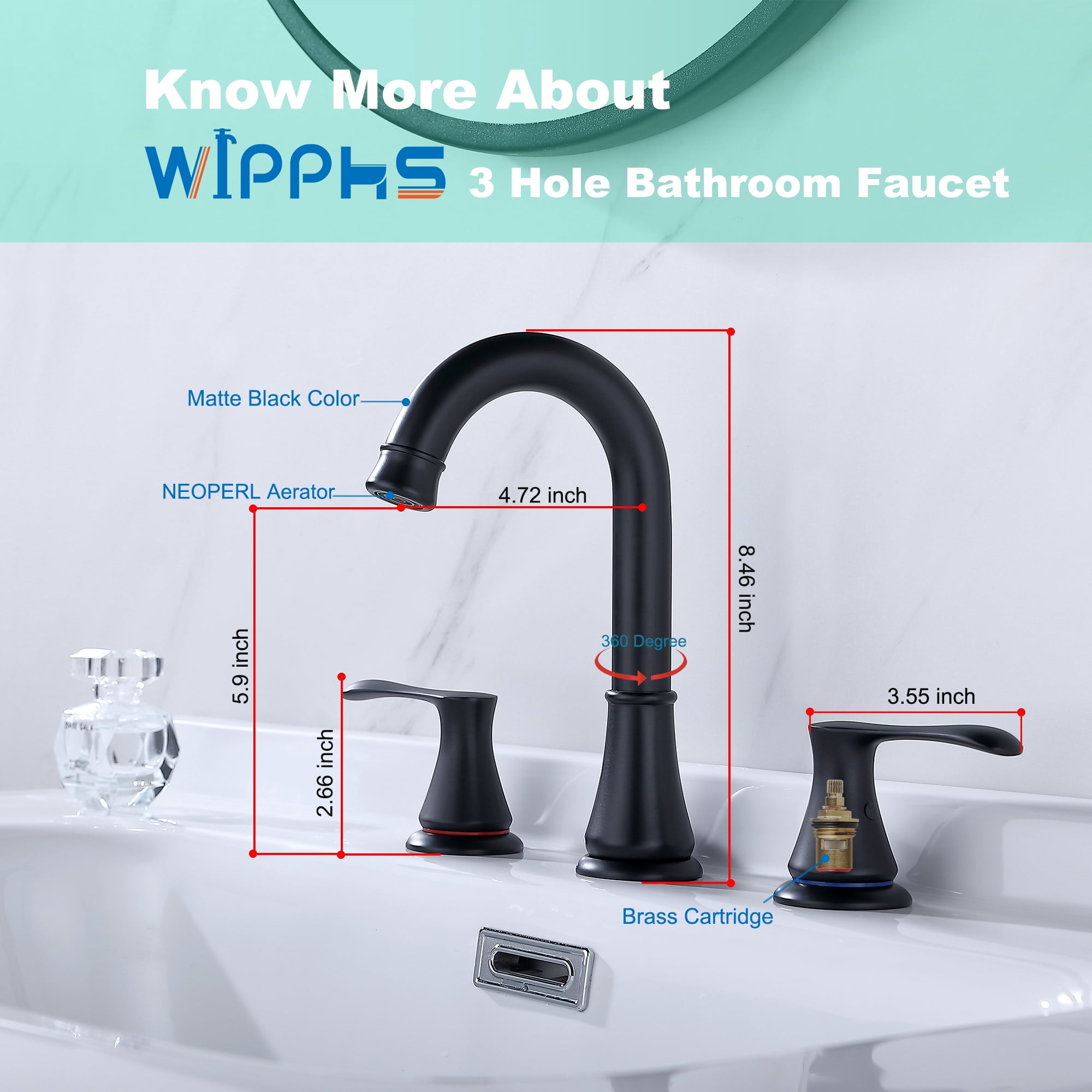 Adorer 3 Hole Bathroom Faucet with Pop-up Drain, 360 Degree Swivel Spout 2 Handle 8 inch Matte Black Widespread Bathroom Sink Faucet, Basin Faucet Mixer Taps