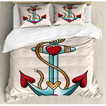 Anchor King Size Duvet Cover Set, Colorful Anchor Design with Rope and Heart Motifs Traditional Nautical Arrangement, Decorative 3 Piece Bedding Set with 2 Pillow Shams, Multicolor, by Ambesonne