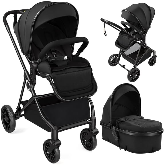 Vomeast 2 in 1 Baby Strollers, Foldable Travel Stroller with Reversible Seat, All-Wheel Suspension, 5-Point Harness, Black