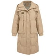 thumbnail image 2 of Women's Stand Collar Mid-Length Cotton Padded Coat with Removable Hood & Pockets, Khaki Long Sleeve Zipper Design, Windproof Warm Heavyweight Casual Jacket for Spring Autumn Winter, S-XL, 2 of 13