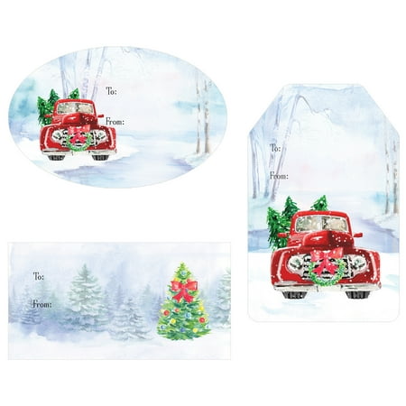 - Christmas Gift Tag Stickers - 76 count - Vintage Red Truck and Snow Theme Christmas Gift Wrap Tags - Assortment of 76