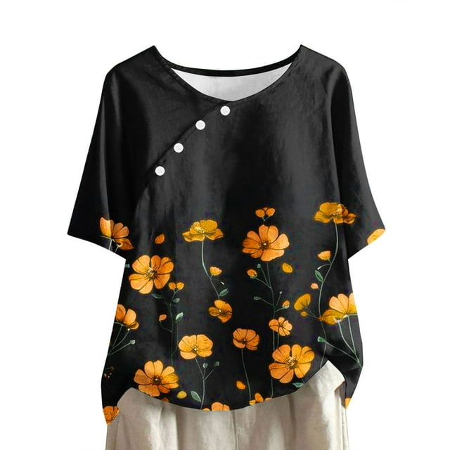 Tops de Lino para Mujeres Imprimir Suéter Cuello Redondo Manga Corta Superior Poliéster, Blusa de Moda Casual para la Primavera Y el Verano