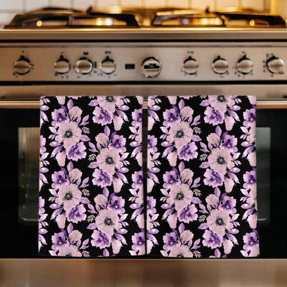 Purple Floral Kitchen Towels Set of 4, Abstract Watercolor Flower Leaf Plant Absorbent Dish Towels for Kitchen, Microfiber Hand Towel, Quick Drying Tea Towel for Cleaning Decorative Dishcloths