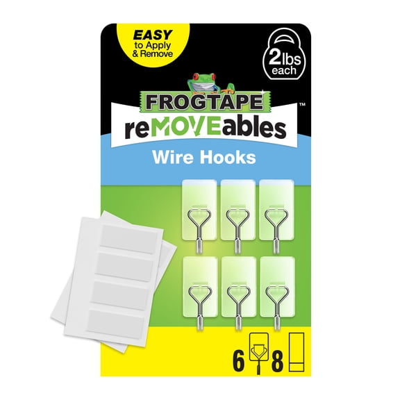 FrogTape reMOVEables Medium Clear Wire Hooks, 6 Hooks and 8 Adhesive Strips