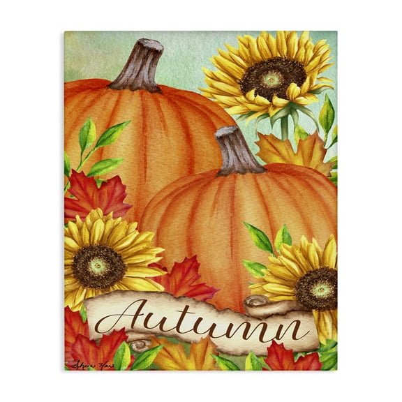 Stupell Industries French Country Pumpkins with Sunflowers Red Leaves Canvas Art, 16 x 20, by Sheri Hart