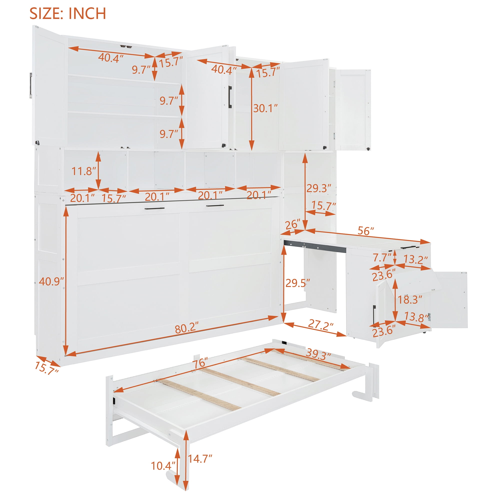 Twin Size Murphy Bed with Closet, Writing Desk, Storage Shelves for Space-Saving Guest Room