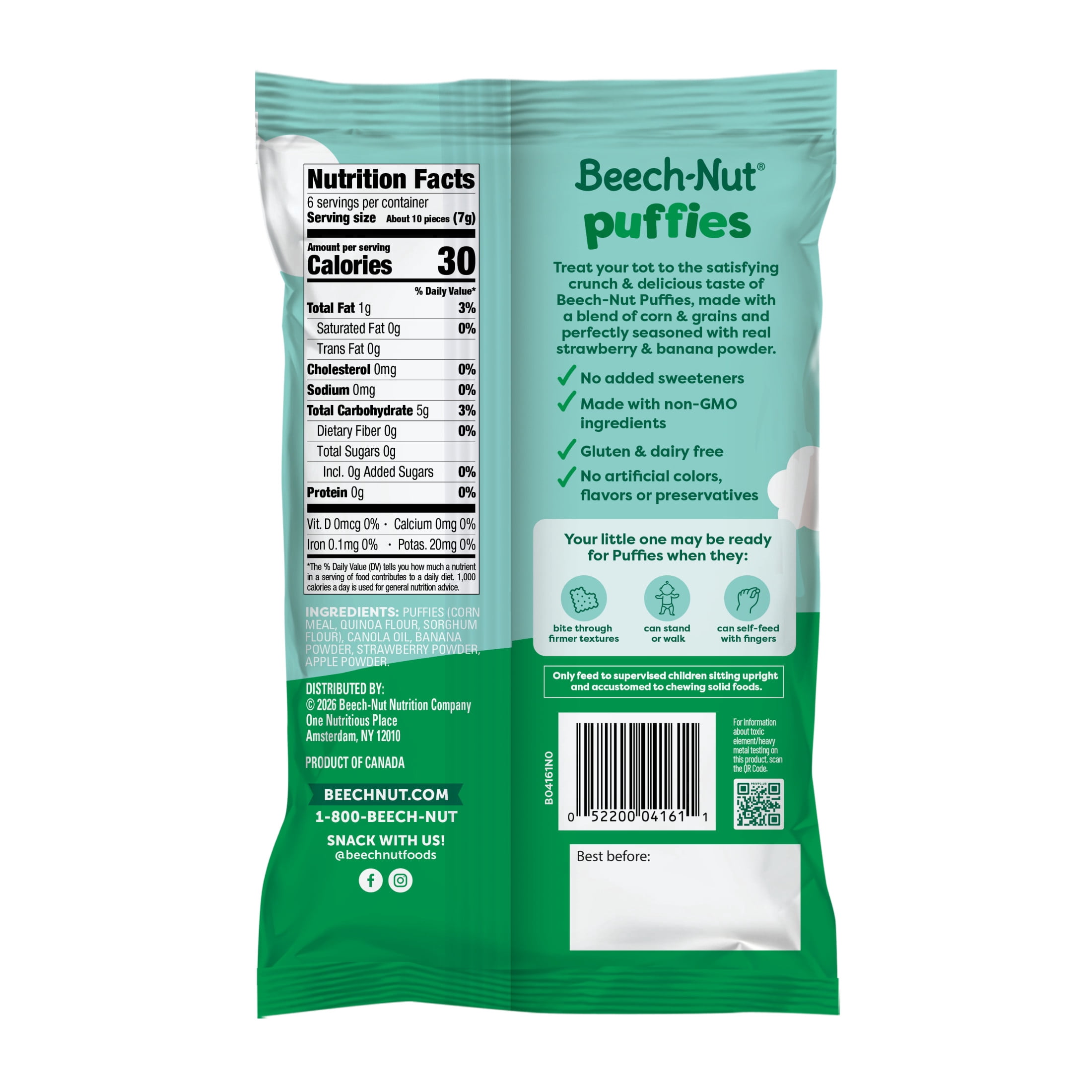 Beech-Nut Puffies Strawberry Banana Whole Grain Toddler Snack Puffs, 1.48 oz Bag (6 Pack)