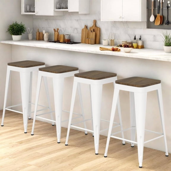 30 Inch Metal Bar Stools, Backless Industrial Bar Stool with Wood Seat, Stackable Counter Height Bar Stools Set of 4 (White)